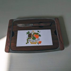 VTG 1960s MCM Ceramic Tile Cheese Tray Cutting Board w/ Knife